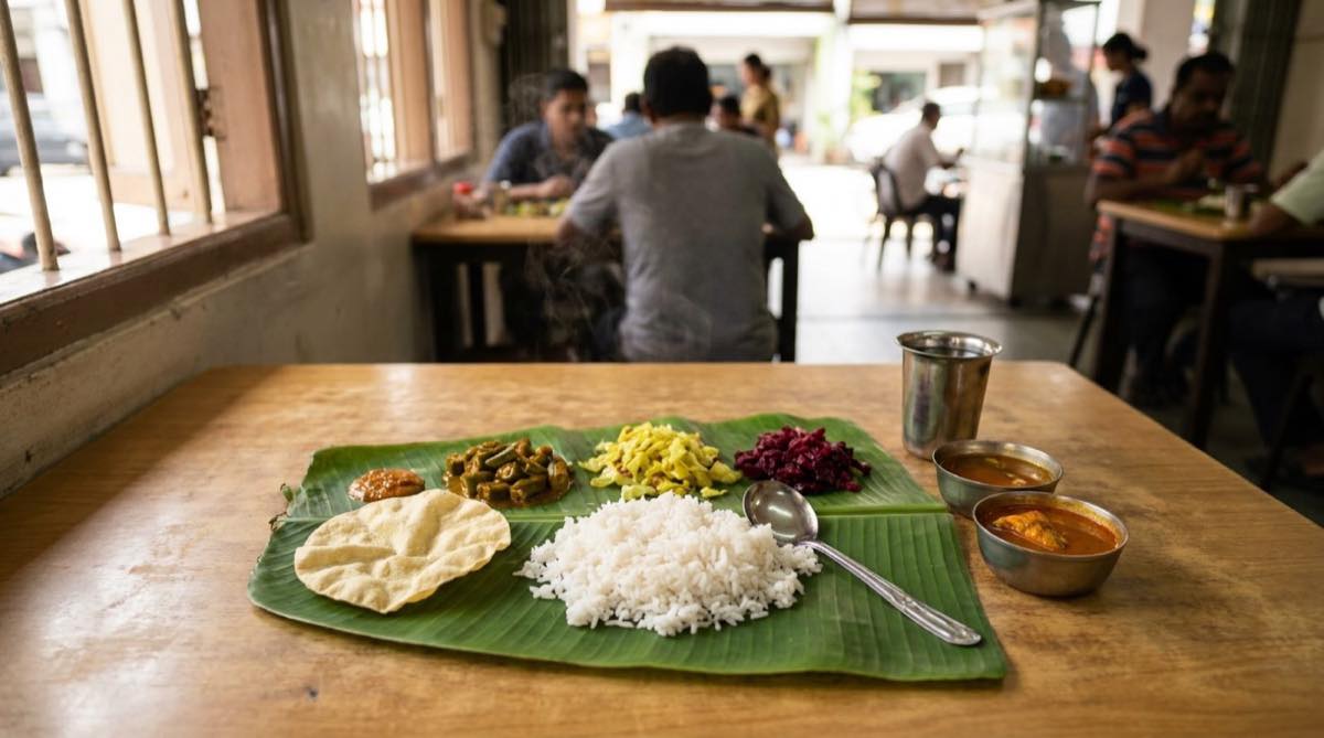 banana leaf rice served on a banana leaf in a Kuala Lumpur shophouse restaurant