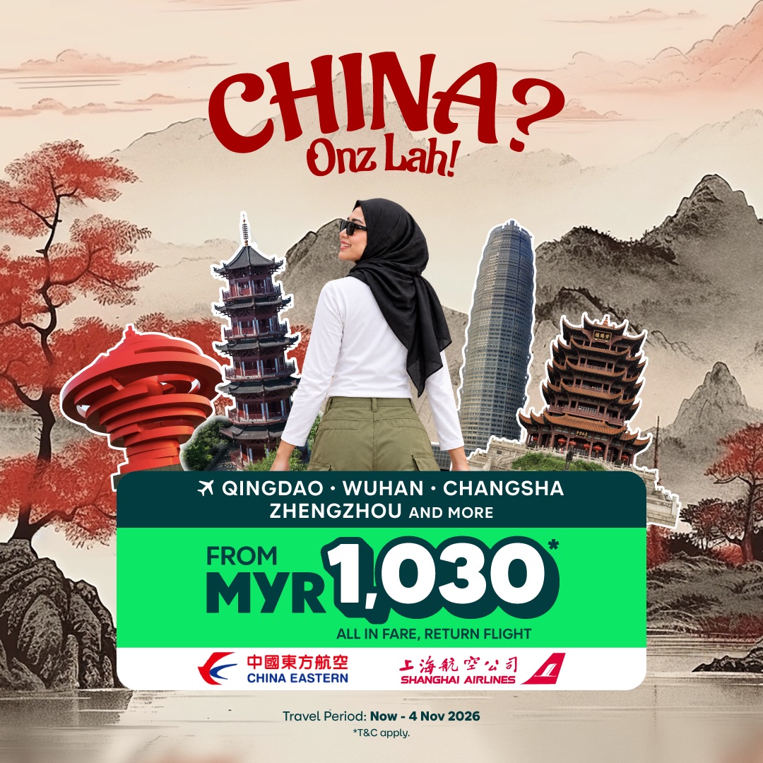 AirAsia MOVE promotional visual for the China Eastern and Shanghai Airlines routes, listing Qingdao, Wuhan, Changsha and Zhengzhou with all-in return fares from RM1,030 for travel until 4 November 2026.