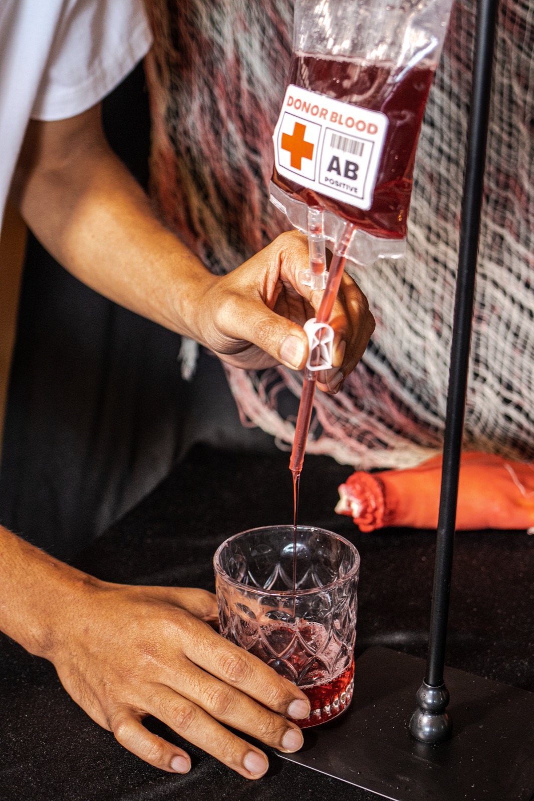 The Type O-Negative cocktail served from a blood-donor-style IV bag at W XYZ Bar, Aloft Langkawi
