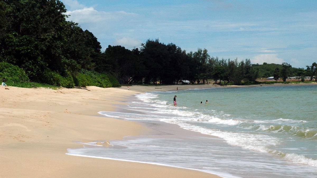 The sandy shoreline at Desaru Coast in Johor, with casuarina trees and gentle surf