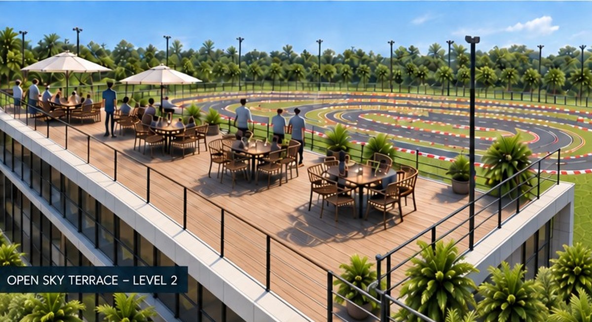 Rooftop dining terrace overlooking the planned karting circuit at Desaru Coast Riverside