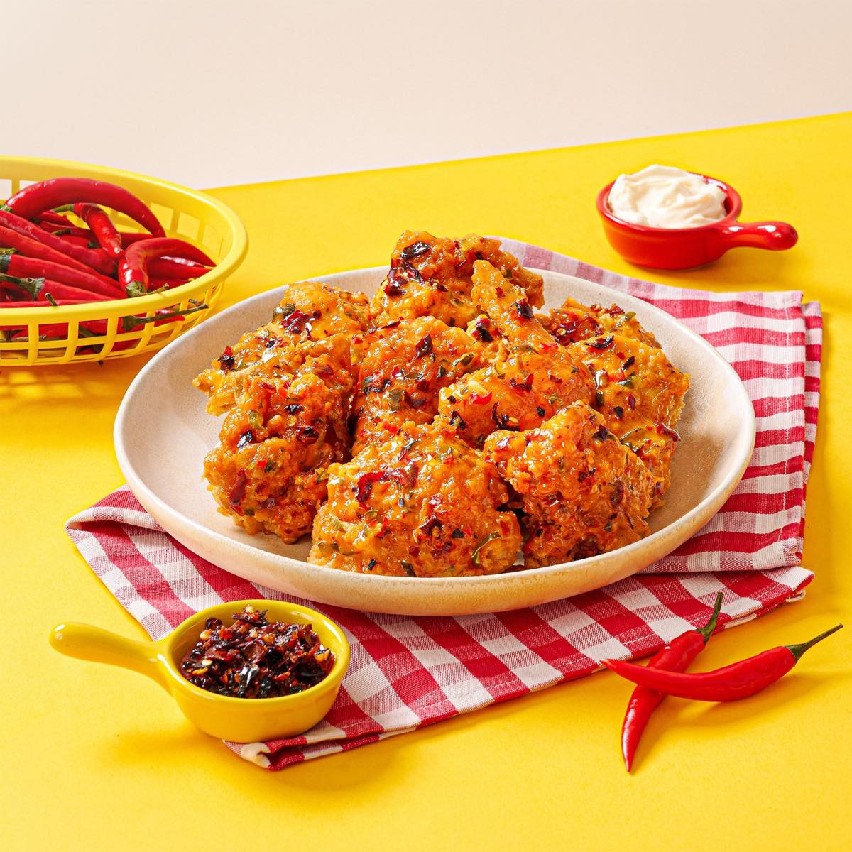 A plate of K Fry K'rispy Gochu Mayo Chicken coated in a sweet-spicy gochujang mayo sauce, with chillies and dips alongside