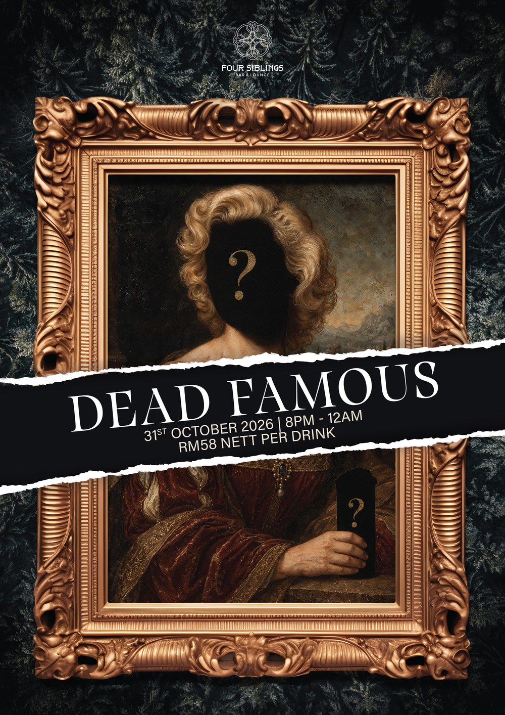 The Dead Famous, The Hall of Legends Halloween event poster for Four Siblings at Kimpton Naluria Kuala Lumpur, dated 31 October 2026, 8pm to 12am, RM58 nett per drink.