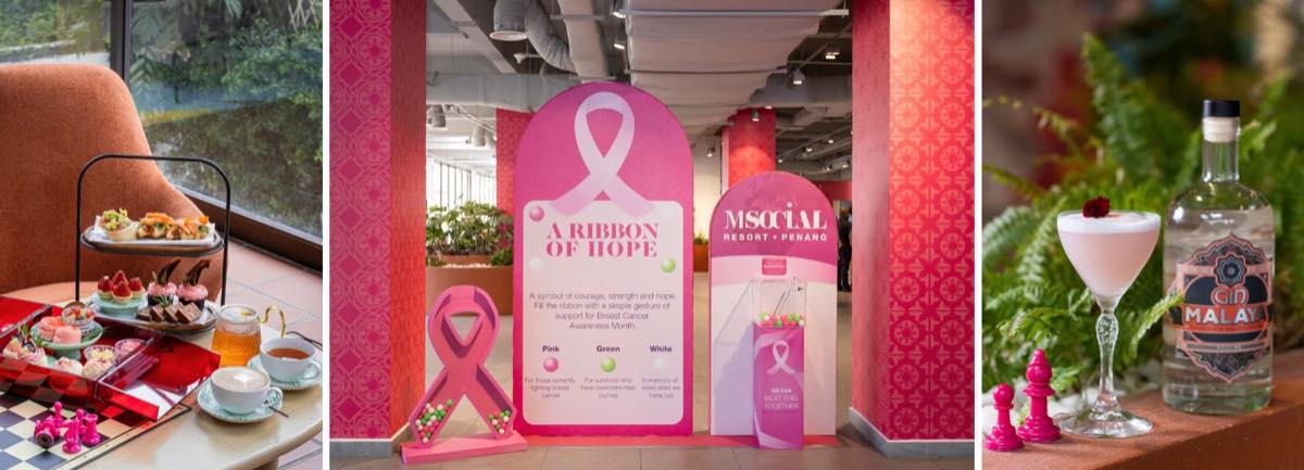 The Ribbon of Hope installation at M Social Resort Penang alongside the resort's Pink October afternoon tea and the Pink Breeze cocktail