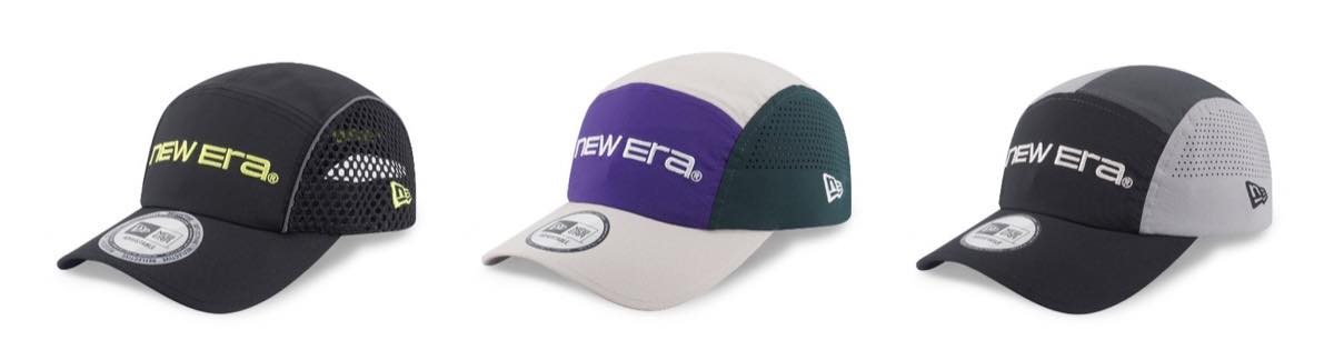 The three NEW ERA RUNNER ERA cap styles in black, purple and green, and grey colourways