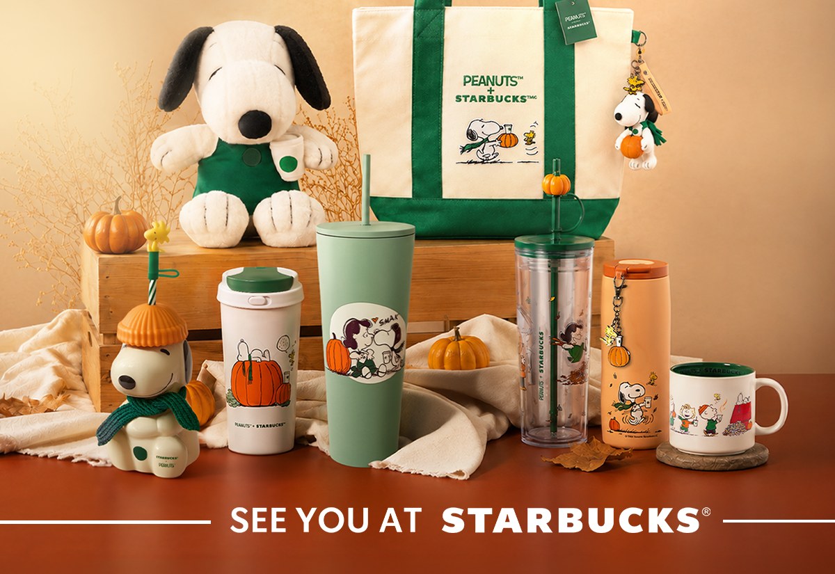 The Peanuts and Starbucks autumn lineup: a Snoopy plush, a canvas tote, tumblers, cold cups and a ceramic mug
