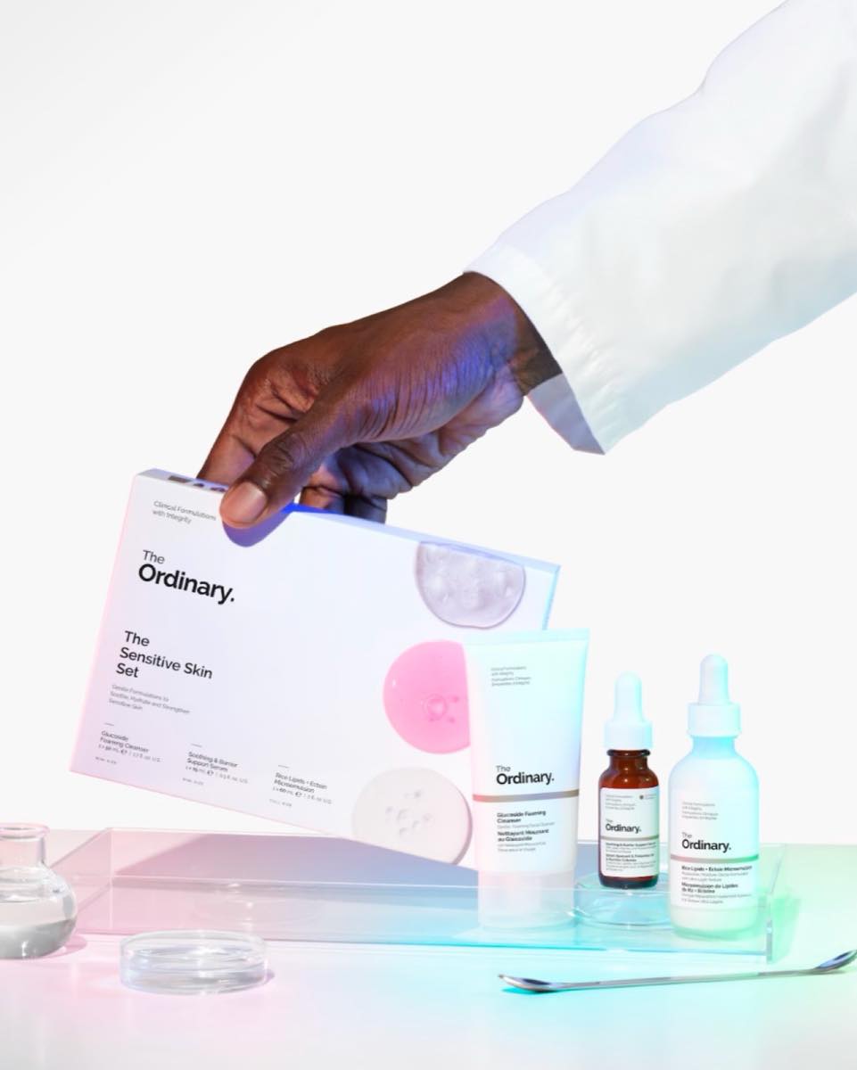 The Ordinary's Sensitive Skin Set box with the Glucoside Foaming Cleanser, Soothing and Barrier Support Serum and Rice Lipids plus Ectoin Microemulsion