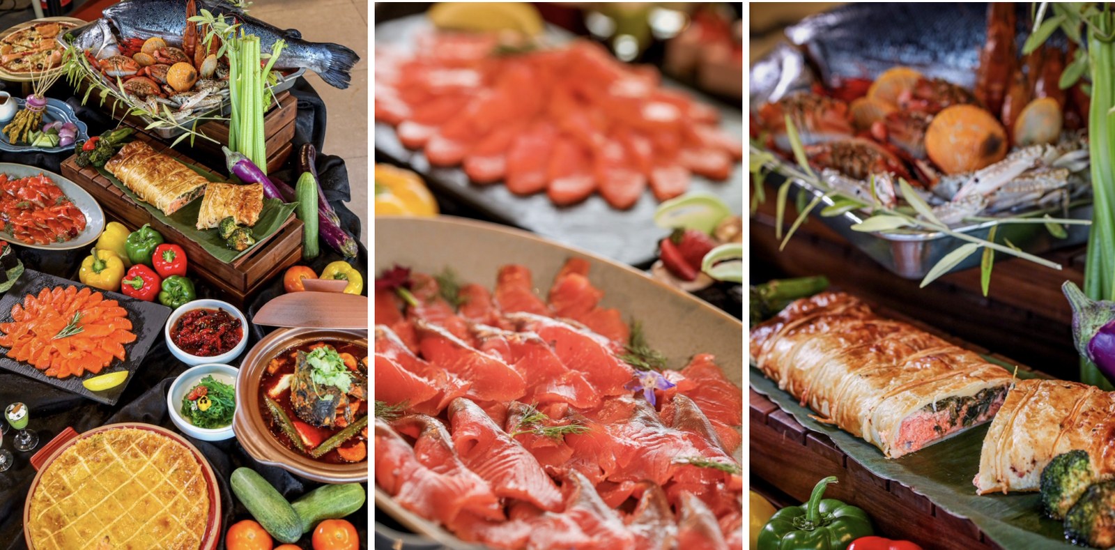 Close-up of salmon sashimi, gravlax and salmon Wellington from the Salmon Madness buffet at M Social Resort Penang